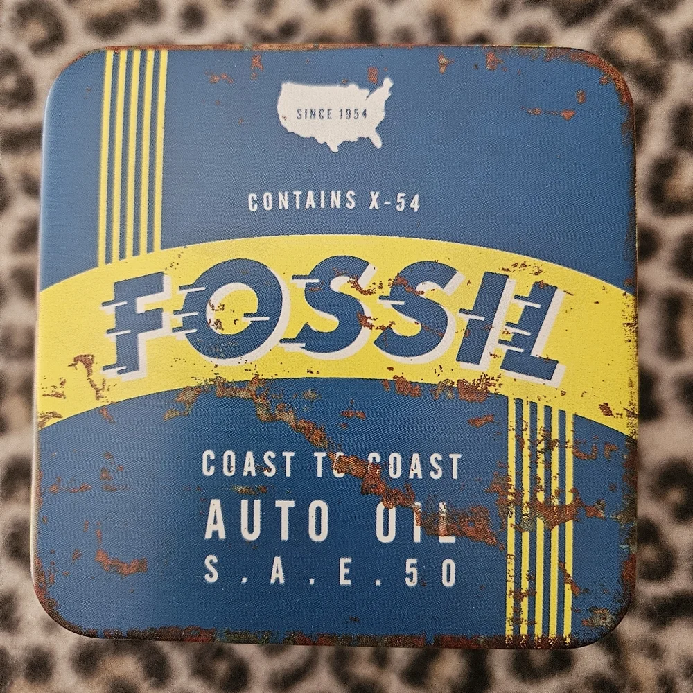 Fossil Blue and Yellow Faux Rust Metal Watch Tin, SBT0241 1/00, 2000 Y2K Vintage